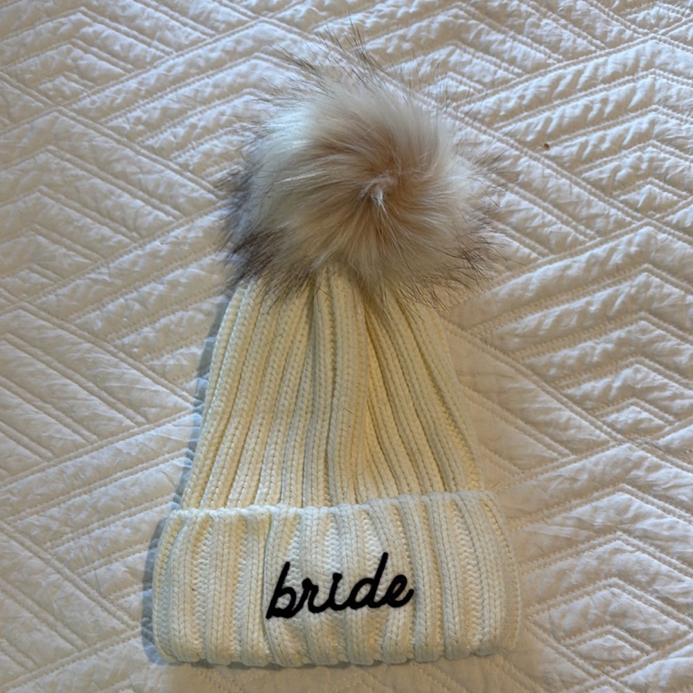 White Knit “Bride” Beanie with Faux Fur Pom Pom